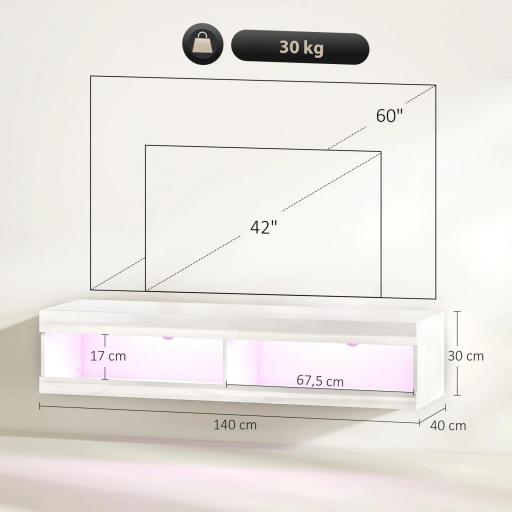 Mueble de TV Suspendido con Luces LED con Control Remoto Compartimentos Orificios Pasacables 140x40x30 cm Blanco Brillo [1]