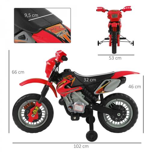 Moto Electrica Infantil Bateria 6V Recargable Niños 3+ Años Cargador y Ruedas Apoyo 102x53x66 cm Color Rojo [1]