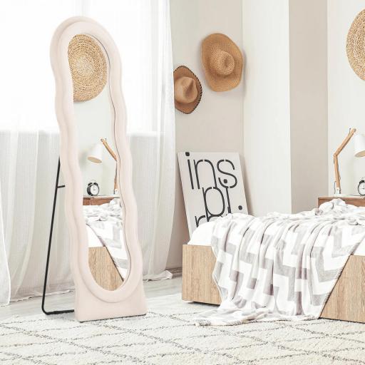 Espejo de Cuerpo Entero 160x50 cm Diseño Ondulado Marco con Tela de Terciopelo para Salón Dormitorio Crema