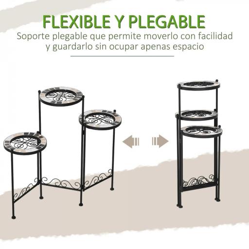 Soporte para Plantas de Metal Mecetas Plegable Estantería para Flores con 3 Estantes y Bordes de Azulejo para Decoración Interiores y Exteriores 60x22x65 cm Negro [3]