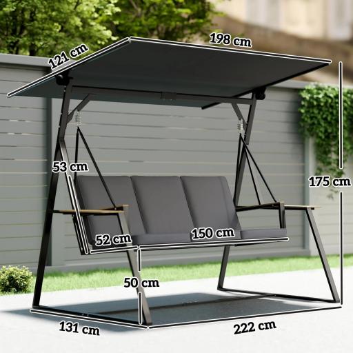 Columpio de Jardín Exterior de 3 Plazas con Techo Ajustable 2 Bandejas Cojines y Marco de Metal Carga 360 kg Gris [1]