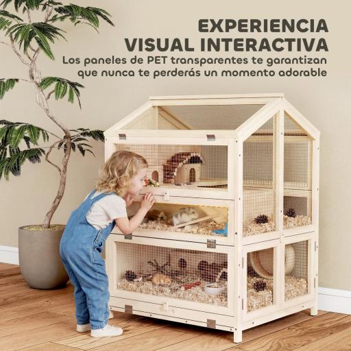Jaula para Hámster de Madera de 3 Niveles con Bebederos Casetas Balancines Bandeja Extraíble y Tapas Abatibles Natural [7]