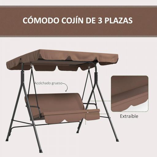 Balancín de Jardín Exterior Columpio de 3 Plazas con Toldo Ajustable y Marco de Acero para Terraza 172x110x153 cm Marrón [4]