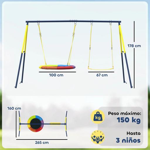 Columpio para Bebés Cuerdas Ajustables Soporte de Acero Carga 150 kg para 3 Niños de 3-8 Años Multicolor [1]