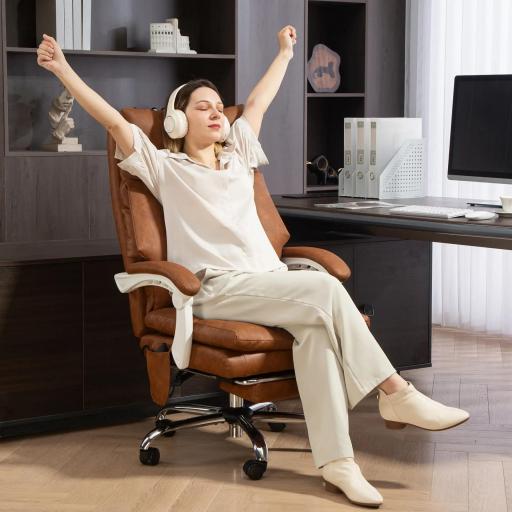 Silla de Escritorio con Soporte Lumbar Inflable Tapizada en PU Reposapiés Respaldo Reclinable Altura Ajustable Marrón [7]