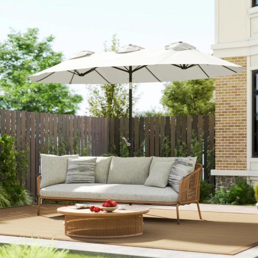 Sombrilla Doble de Jardín 295x152x222 cm con Inclinación de 45° y Manivela Manual para Terraza Balcón Piscina Crema