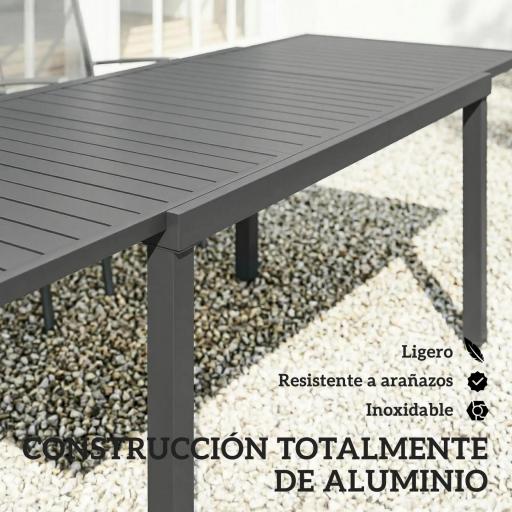 Mesa de Jardín Extensible 150/225x85x75 cm Mesa de Comedor de Aluminio con Tablero de Listones para 6-8 Personas Gris [8]
