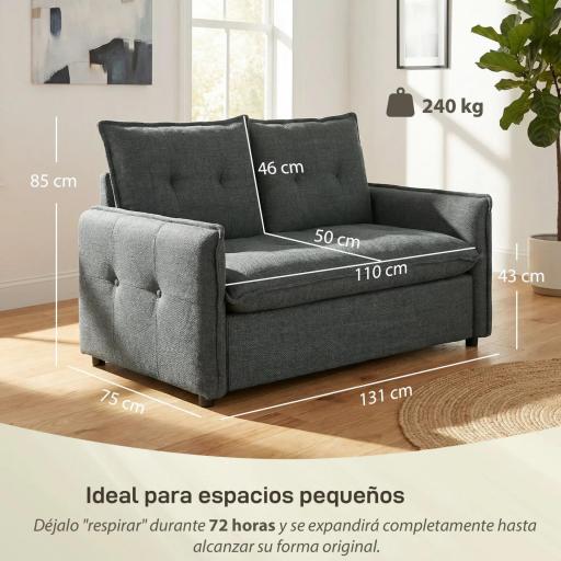 Sofá de 2 Plazas Tapizado en Lino con Acolchado Grueso, Diseño Capitoné para Espacios Pequeños 131x75x85 cm Gris Oscuro [1]