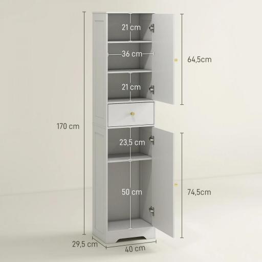 Armario Alto de Baño Estrecho con 2 Puertas Arqueadas Cajón y Estantes Ajustables Moderno 40x29,5x170 cm Blanco Veteado [1]