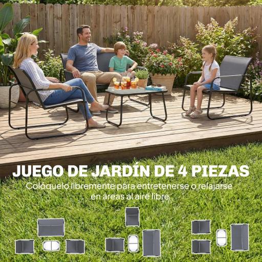 Conjunto de Jardín Exterior con 1 Sofá de 2 Plazas 2 Sillones y Mesa de Vidrio Templado Textilene Transpirable Gris [3]