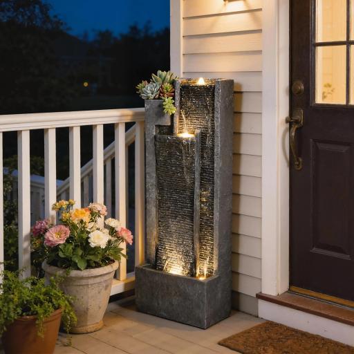 Fuente de Jardín con Luces LED Maceta y Bomba Fuente Decorativa en Cascada de 5 Niveles 38x19x101 cm Gris Oscuro [2]