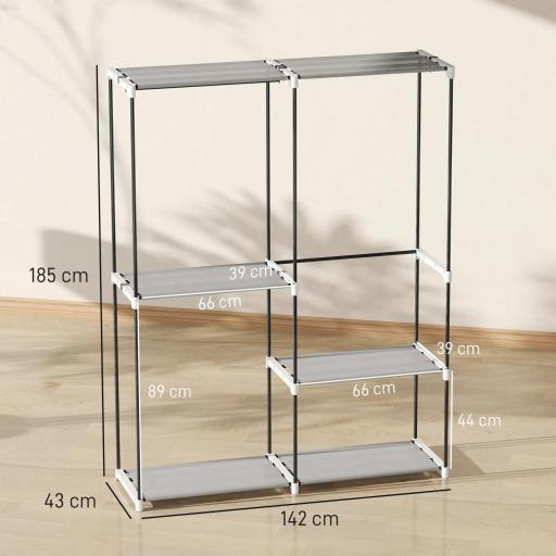 Armario de Ropa Armario Abierto con 4 Estantes de Tela 3 Barras para Colgar Marco de Metal 142x43x185 cm Gris Claro [1]
