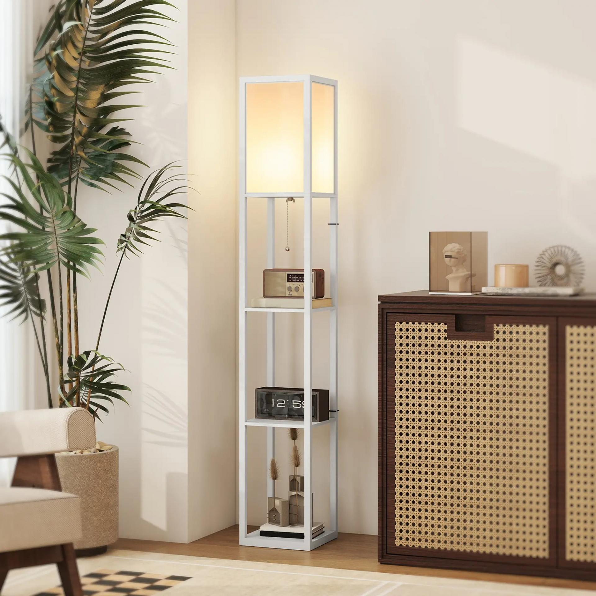 Lámpara de Pie con Estantes de Almacenaje, Lámpara de Madera Moderna, Bombilla E27, para Salón, Dormitorio, Oficina, Blanco