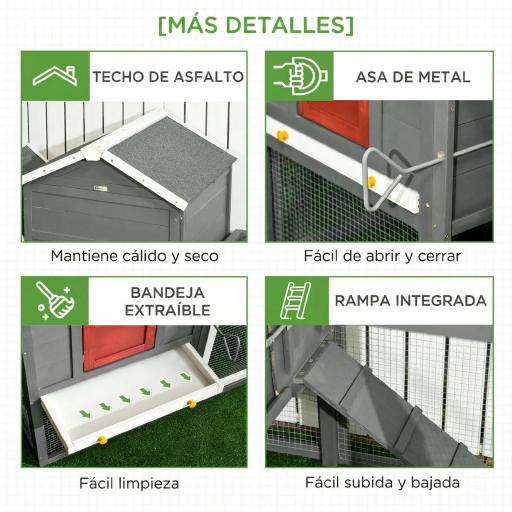 Gallinero para Exterior Grande de Madera 300x66x116 cm con Nido Corral Bandeja Extraíble Techo Asfáltico Rampa Gris [3]