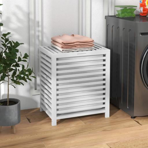 Cesta para la Colada de Bambú Capacidad de 55L Cesto para Ropa Sucia con 2 Asas y Bolsa Extraíble 50x36x60 cm Blanco