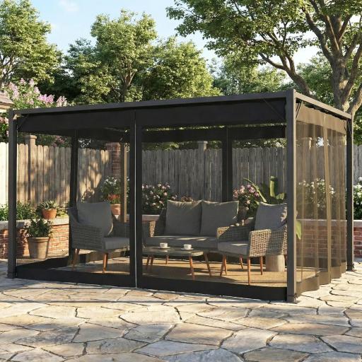 Pérgola de Jardín 3x4 m con Techo Retráctil 4 Laterales de Malla UPF30+ Cenador de Jardín para Patio Exterior Gris [5]