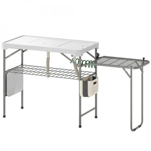 Mesa de Limpieza de Pescado Plegable Portátil con 2 Fregaderos Grifo Manguera Estante Lateral Cesta y Ranuras Blanco [8]