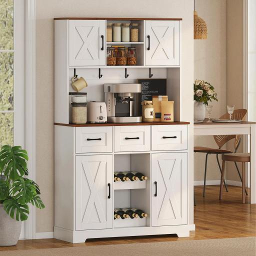 Alacena de Cocina con Botellero para 8 Botellas 4 Puertas 3 Cajones Encimera Amplio 100x38x172 cm Blanco