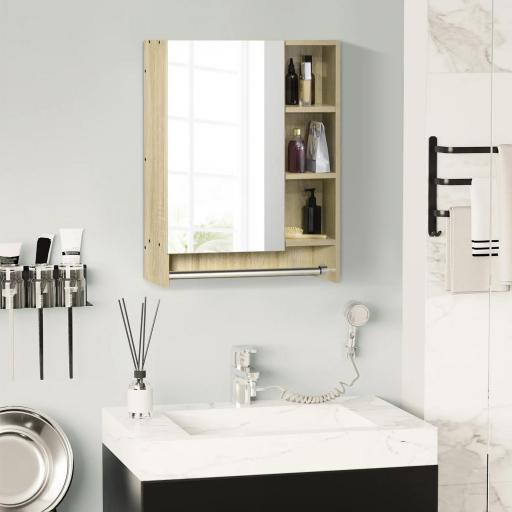 Armario de Baño de Pared con Espejo Estantes Ajustables y Toallero Diseño Compacto para Lavabo o WC 60x15x70 cm Roble