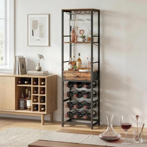 Mueble de Bar para Vinos con Soporte de Copas y Cajón Botellero para 12 Botellas con Estante Abierto Marrón Rústico [6]