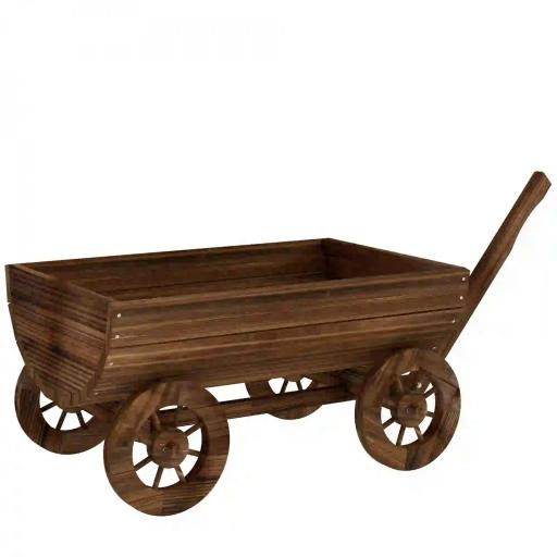 Carrito de Madera con 4 Ruedas y Mango Jardinera Exterior con Orificio de Drenaje 115x40x54,5 cm Carbonizado [2]