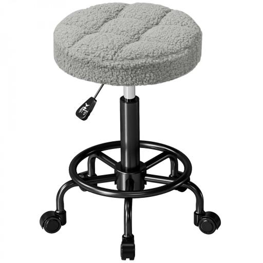 Taburete Giratorio Redondo Taburete con Ruedas Altura Regulable 50-66 cm Asiento Tapizado en Tejido de Borreguito Gris [8]