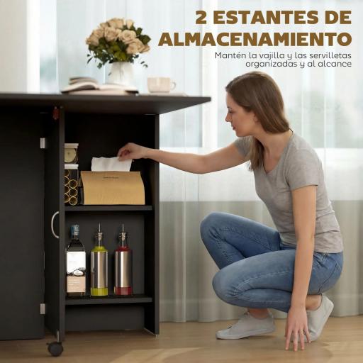 Mesa de Cocina Plegable con 2 Ruedas 2 Estantes de Almacenaje y 2 Alas Abatibles Estilo Moderno 75x140x74 cm Negro [5]
