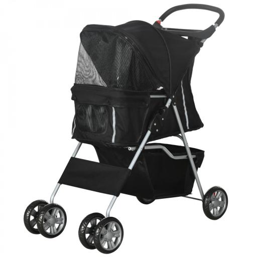Carrito para Perros Pequeños con Toldo Ajustable Cesta de Almacenaje Portavasos y Ruedas 75x45x97 cm Negro [8]
