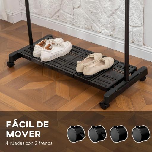 Tendedero Extensible con Ruedas con Barra de Acero Inoxidable y Estante para Zapatos 159x42x168 cm Negro y Plata [3]