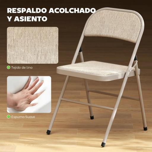 Juego de 2 Sillas Plegables Tapizadas en Lino Sintético con Respaldo y Estructura de Acero para Salón 45x46x78 cm Beige [4]