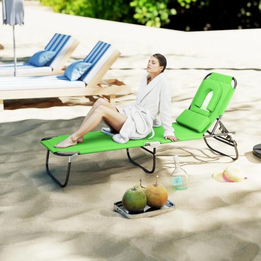 Tumbona Plegable con Respaldo Regulable en 4 Posiciones Tumbona de Jardín con Orificio de Lectura Almohada Marco Metálico y Tela Oxford para Playa Terraza Carga 120 kg 190x56x28 cm Verde