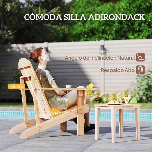 Silla Adirondack de Madera con Reposabrazos y Respaldo Alto para Terraza Balcón Exterior 72x95x93 cm Natural [2]