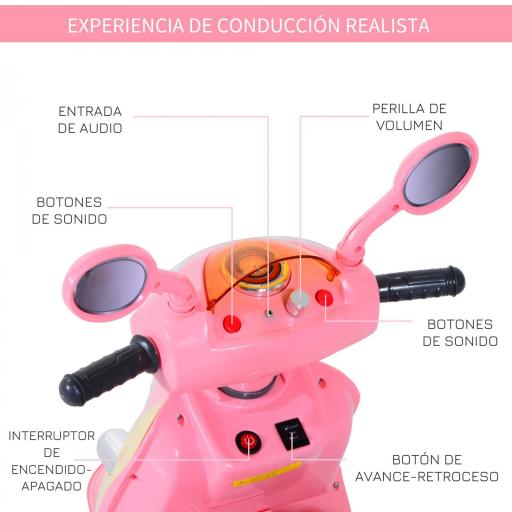 Coche Triciclo Moto Eléctrica Infantil Correpasillos a Batería Niños +3 años 6V Metal + PP 108x51x75cm Rosa [3]