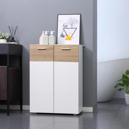 Armario de Suelo para Baño con 2 Puertas y Estantes Interiores Ajustables Mueble Auxiliar de Madera Multiusos para Salón Cocina Comedor 60x30x85 cm Blanco