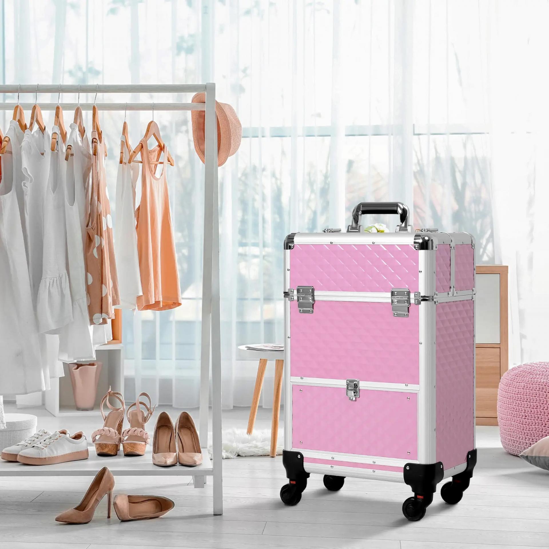 Maletín de Maquillaje Profesional con Cajón Maleta de Maquillaje con Ruedas para Viaje Trabajo 34x25x62 cm Rosa