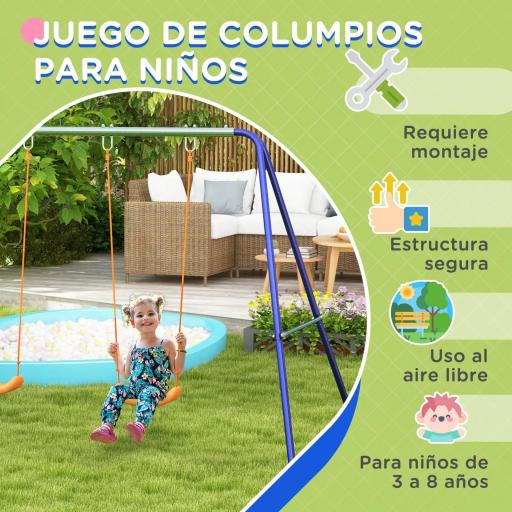 Columpio para Niños de 3-8 Años con 2 Sillas Resistente a los Rayos UV y Soporte de Metal Carga 90 kg Multicolor [4]