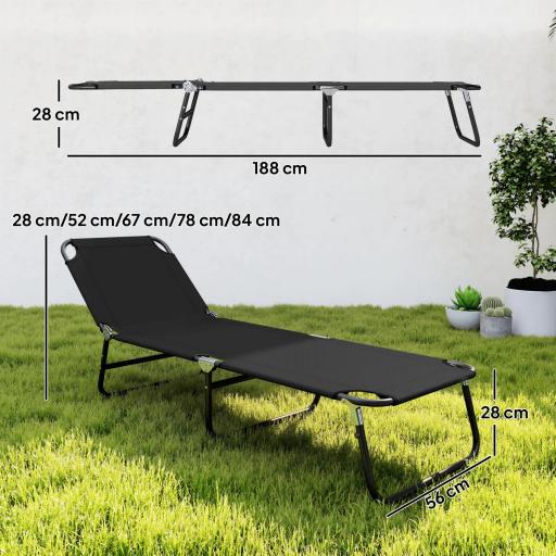 Tumbona Plegable Reclinable con Ángulo Ajustable de 5 Posiciones para Jardín Exterior Piscina Terraza Camping Carga 120 kg 188x56x28 cm Negro [1]