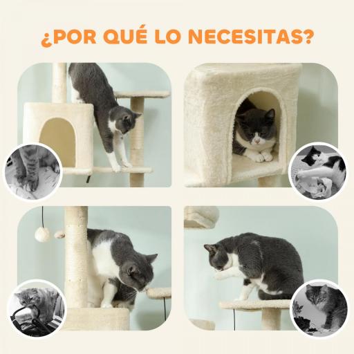 Árbol Rascador para Gatos con Plataforma Torre Escalador para Gatos con Cama Cuevas Postes de Sisal 60x48x202 cm Beige [1]