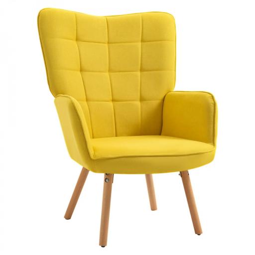 Sillón Individual con Respaldo Alto Reposabrazos Tela de Lino y Patas de Madera para Comedor Cocina 71x76x101cm Amarillo [8]