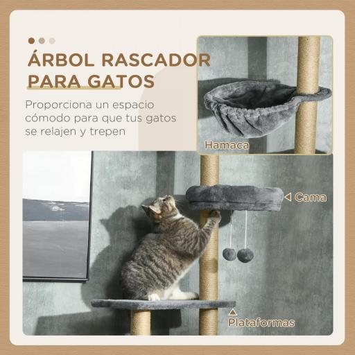 Árbol para Gatos de Suelo a Techo de 230-250 cm con Altura Ajustable Múltiples Plataformas Cestos Hamaca Bolas Gris [4]