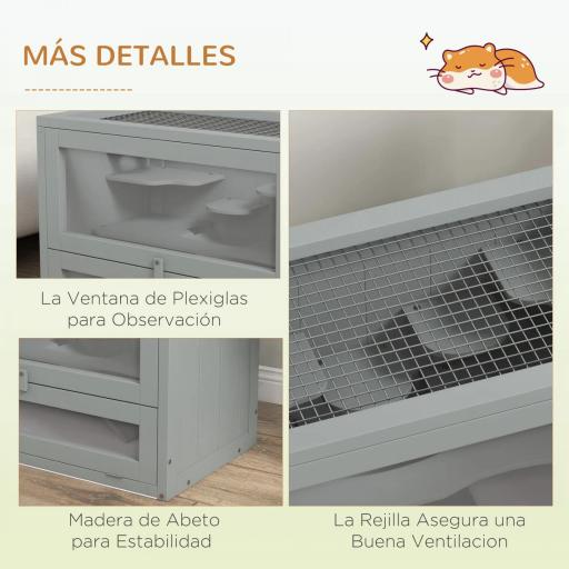 Jaula para Hámster de Madera de 2 Niveles Casa para Animales Pequeños con Plataformas Escaleras 60x35x42 cm Gris [4]