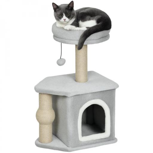 Árbol para Gatos Altura 66 cm Torre para Gatos con Cama Cueva Plataforma Bola Colgante y Poste de Yute Gris Claro [8]