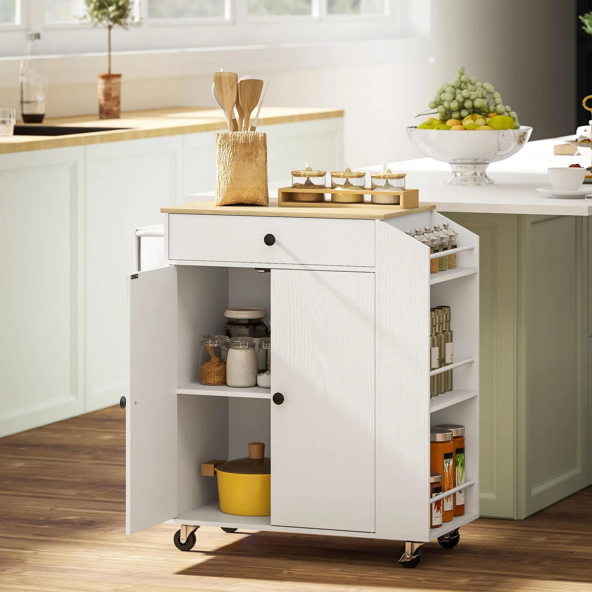 Isla de Cocina con 2 Puertas Cajón Especiero de 3 Niveles Toallero y Estante Ajustable 82x38x86,5 cm Blanco