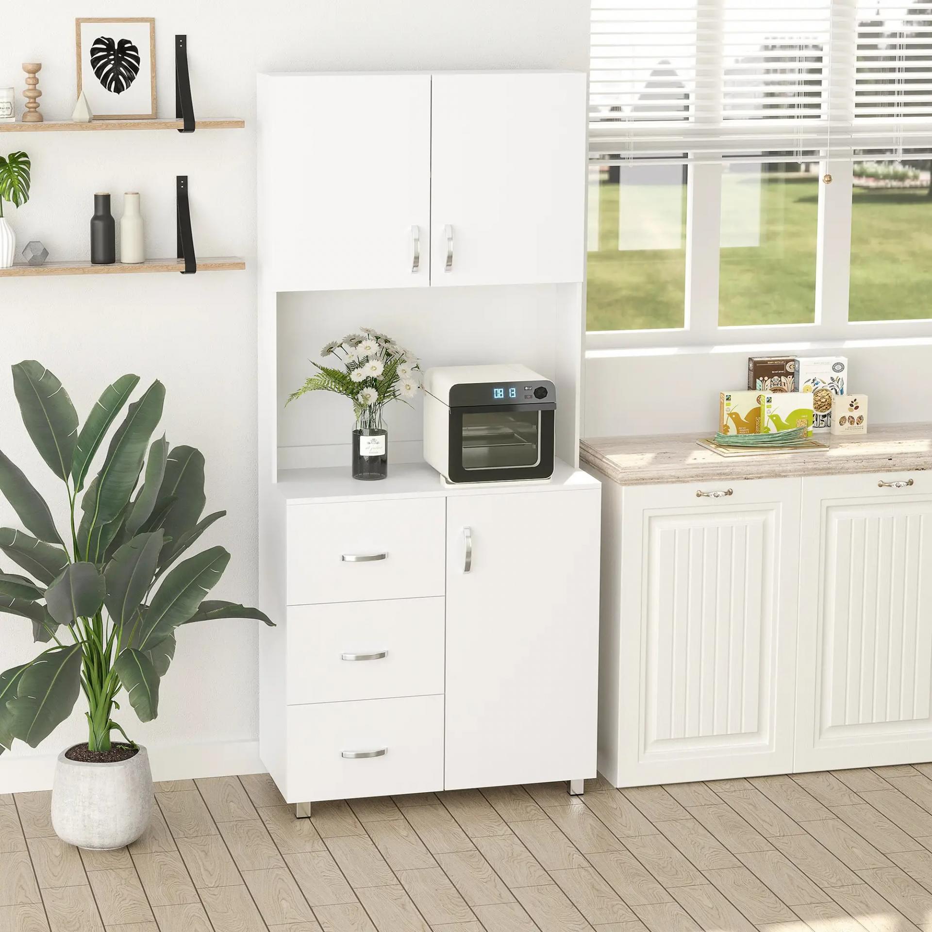 Armario de Cocina Moderno Aparador de Comedor con 3 Cajones 3 Puertas y Estantes Ajustables 80x39,5x183,5 cm Blanco