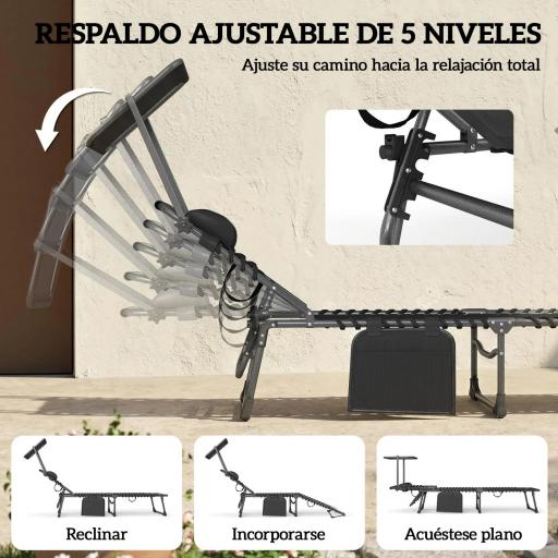 Set de 2 Tumbonas Plegables con Reposacabezas Parasol Bolsillo Lateral y Respaldo Reclinable en 5 Posiciones Negro [2]