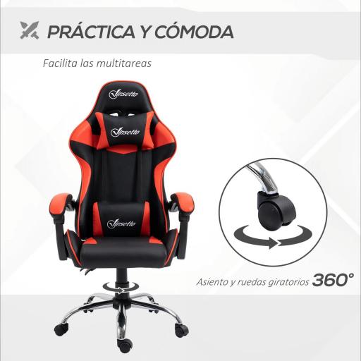 Silla Gaming Silla Racing Giratoria con Altura Ajustable Reclinable de 135° y Cojín Lumbar 63x67x122-130 cm Rojo [2]