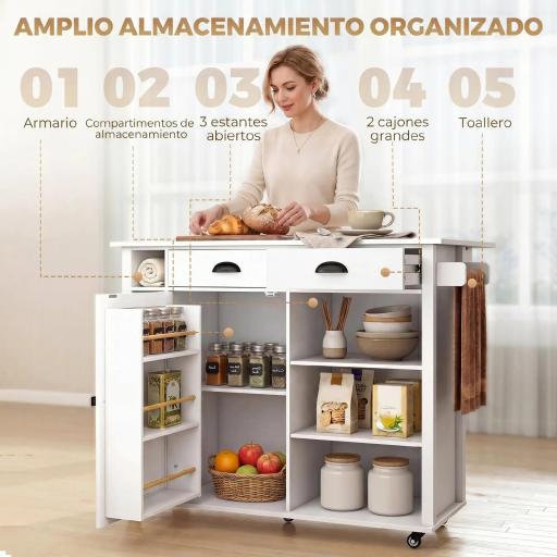 Isla de Cocina con Ruedas Tapa Abatible Especiero Toallero Armario 2 Cajones 117,5x70x91 cm Blanco [6]