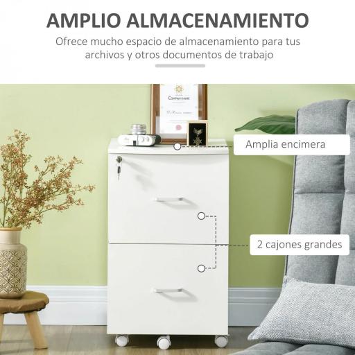 Cajonera de Oficina Mueble Auxiliar con 2 Cajones Cierre con Llave para Estudio Despacho 43x45x72 cm Blanco [5]