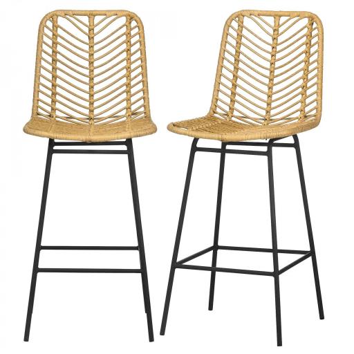Taburetes Altos de Cocina Juego de 2 con Asiento de Ratán Sintético Taburetes de Bar con Patas de Acero 42,5x52x102 cm Natural [9]