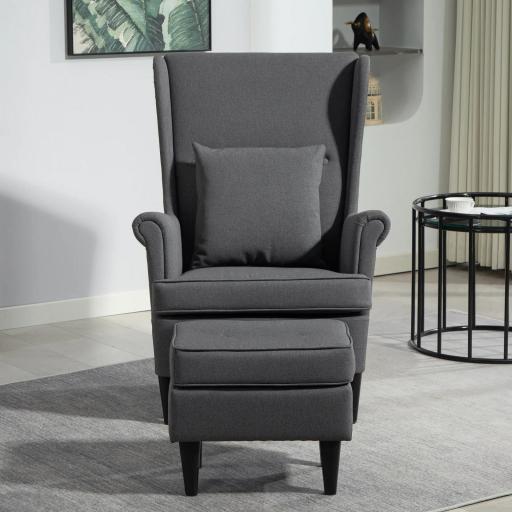 Sillón con Reposapiés Respaldo Alto Capitoné Patas de Madera Almohada Acolchada y Tapizado en Lino Gris [8]